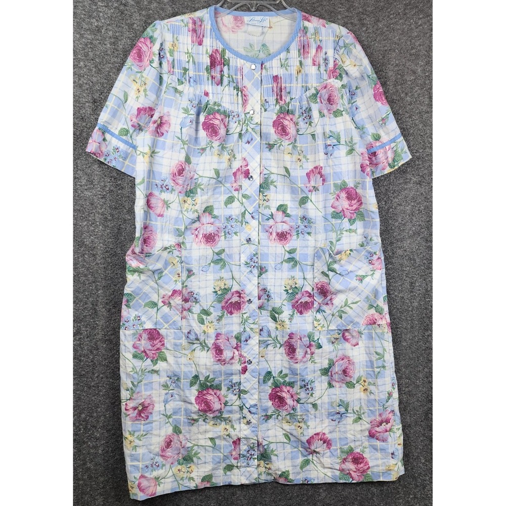 Leisure Life‎ House Dress Womens Medium Blue Pink Floral Plaid Snap Front Duster